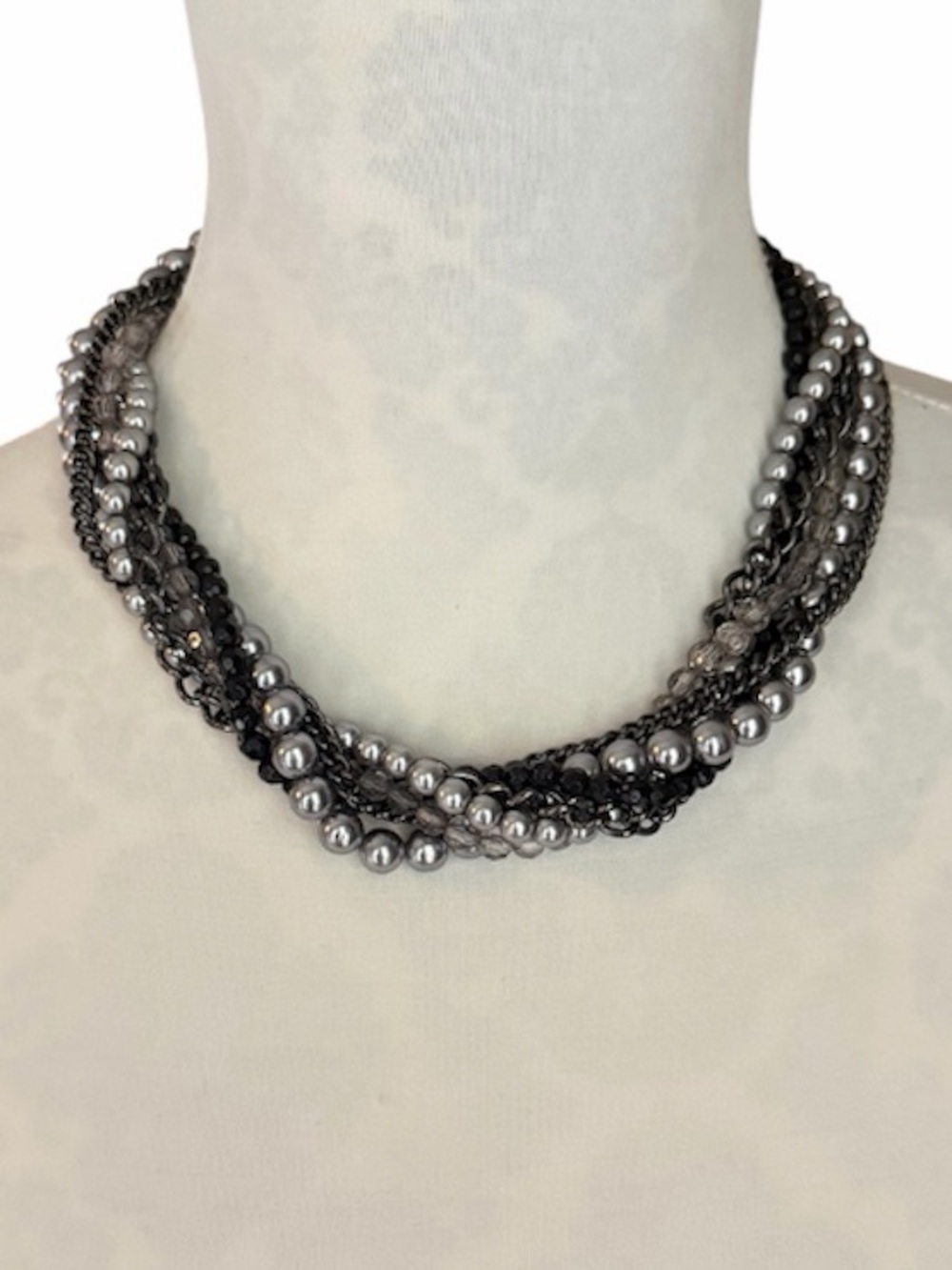 Premier Designs Multi Strand Gunmetal Chain, Grey Faux Pearls & Bead Necklace